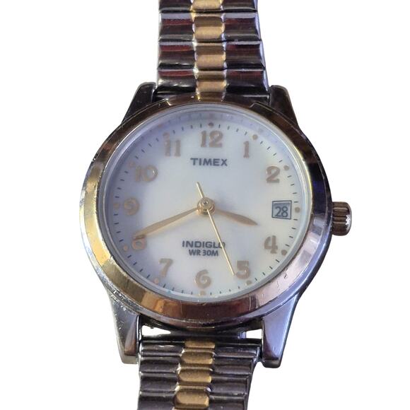 Timex Womens Indiglo White Dial Gold numerals Two Tone Band New Battery Date - Picture 1 of 9